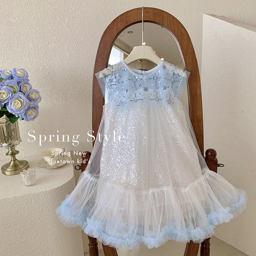 Girls Dress 24 Summer New Ice Blue French Large Lapel Sequined Mesh Skirt Birthday Dress Princess Dress