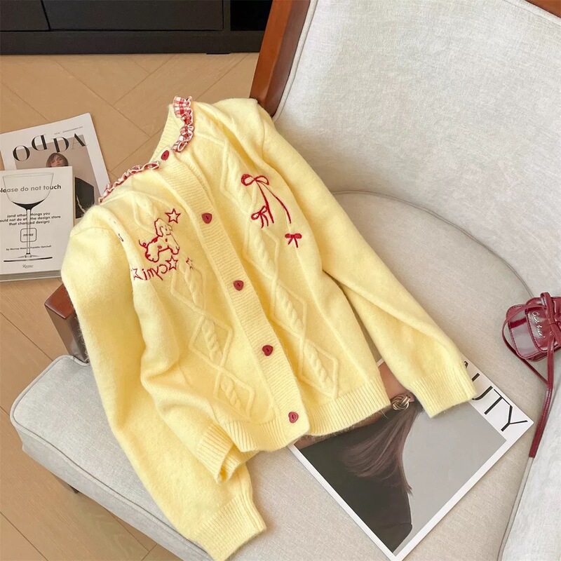可爱小狗刺绣蝴蝶爱心扣圆领毛衣女秋冬甜美精致宽松针织开衫外套|undefined