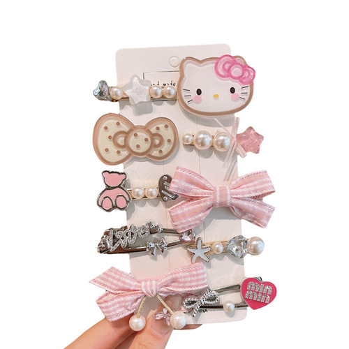 Children's hair clip cute cat side fringe hair clip fabric bow metal clip for girls versatile hair clip