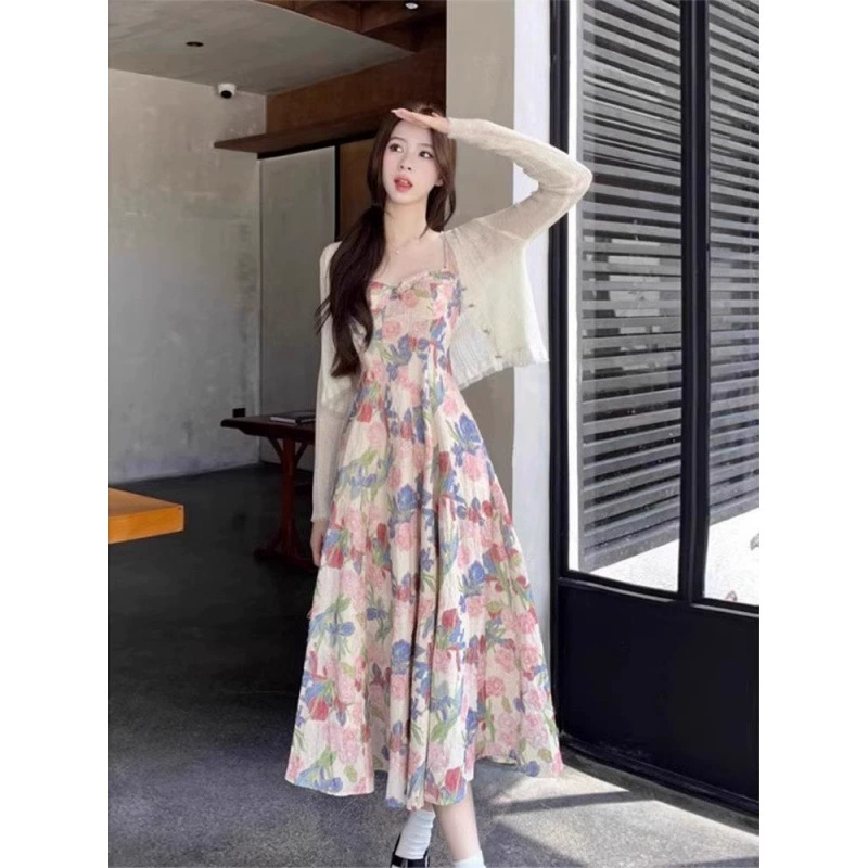 Чайный перерыв Французское цветочный слинг платье женское раннее весеннее лето темперамент длинная юбка набор