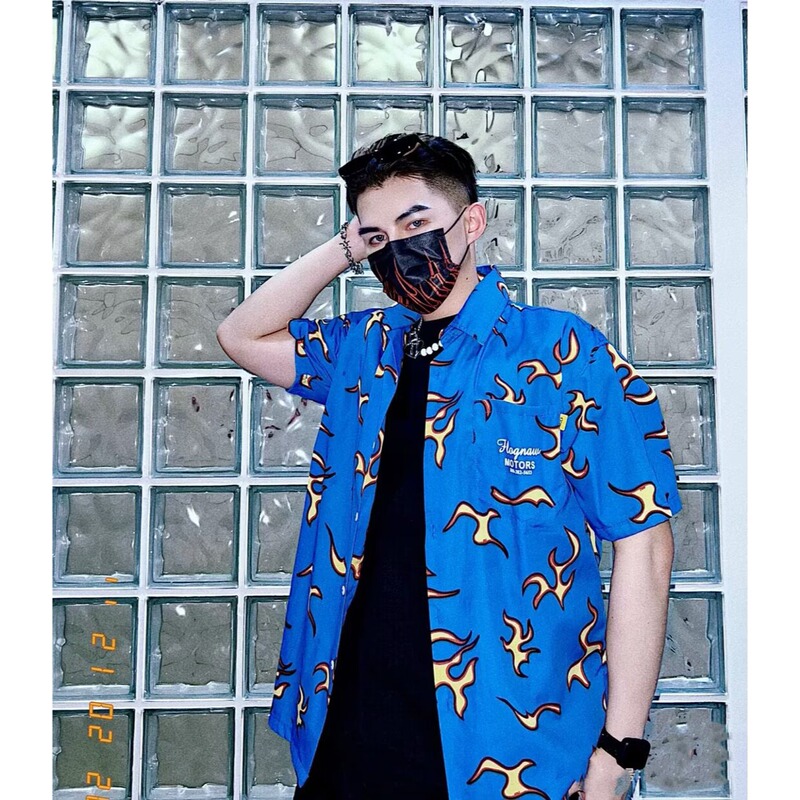 Hawaiian Blue Flame Tee Shirt Short-Sleeved Men's and Women's Same Design Casual Loose Lazy Beach Shirt Top
