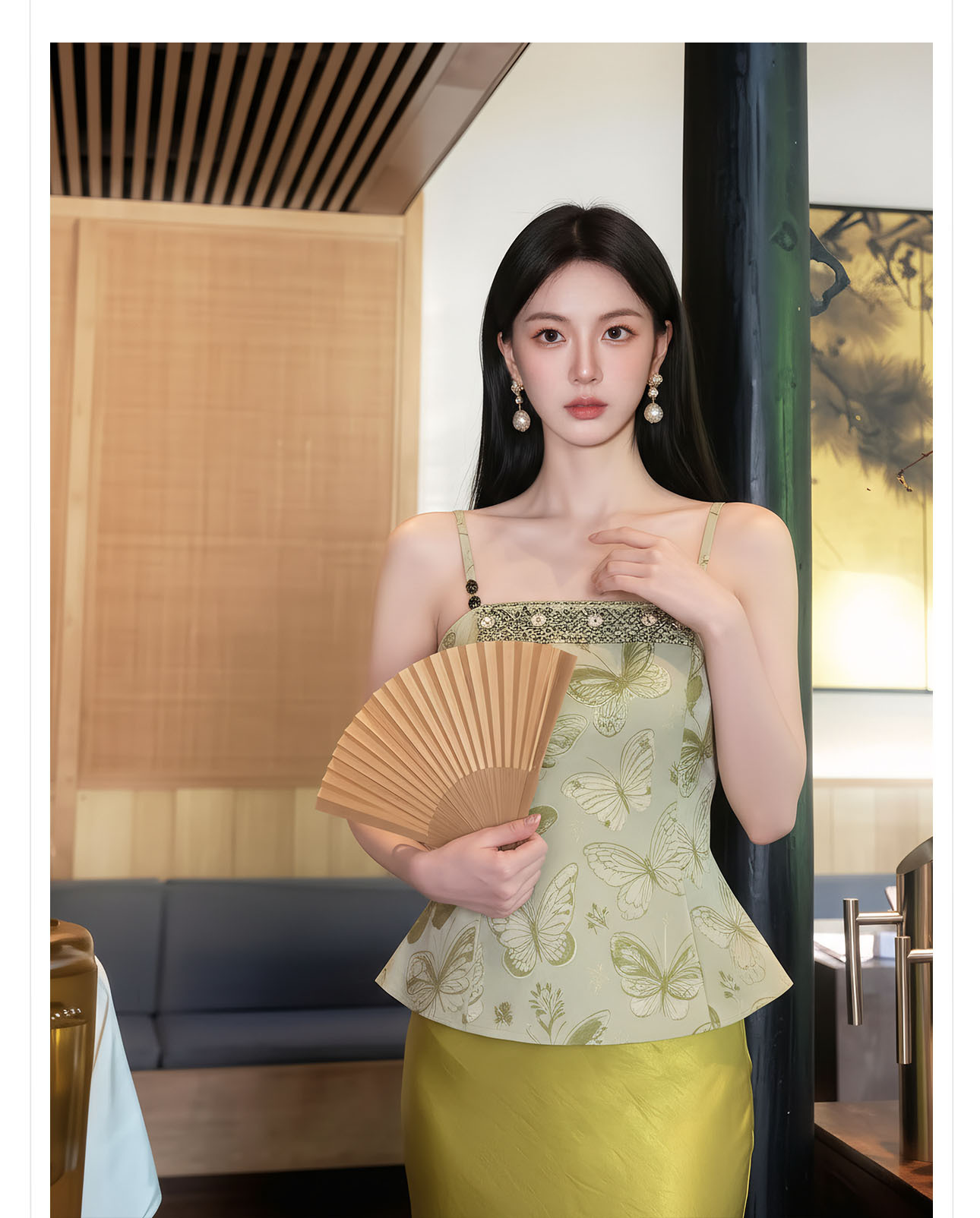 Bộ đầm maxi thắt eo phong cách Tân Trung Hoa thêu ren cổ điển — bộ đồ, Trang chủ, Màu xanh lá cây nửa váy chi tiết 4