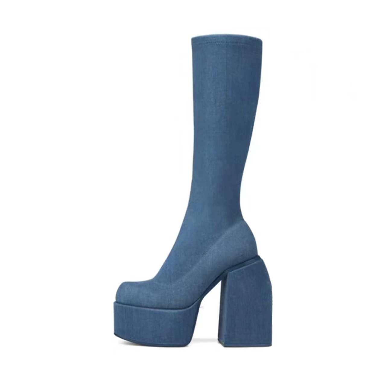 2025 весна и осень новые толстые каблуки на высоких каблуках до колен сапоги эластичные сапоги лакированные коричневые высокие сапоги большой размер женская обувь