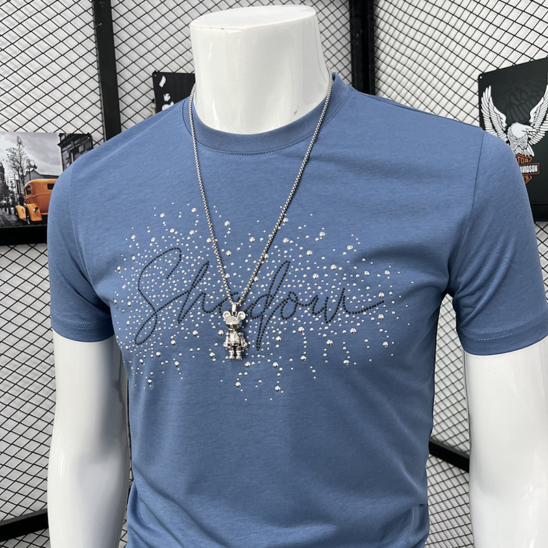 Men's Slim Fit Short Sleeve T-Shirt Heavy Duty Rhinestone And Letter Crew Neck Fashion Top New Arrival Summer_viptrois.com