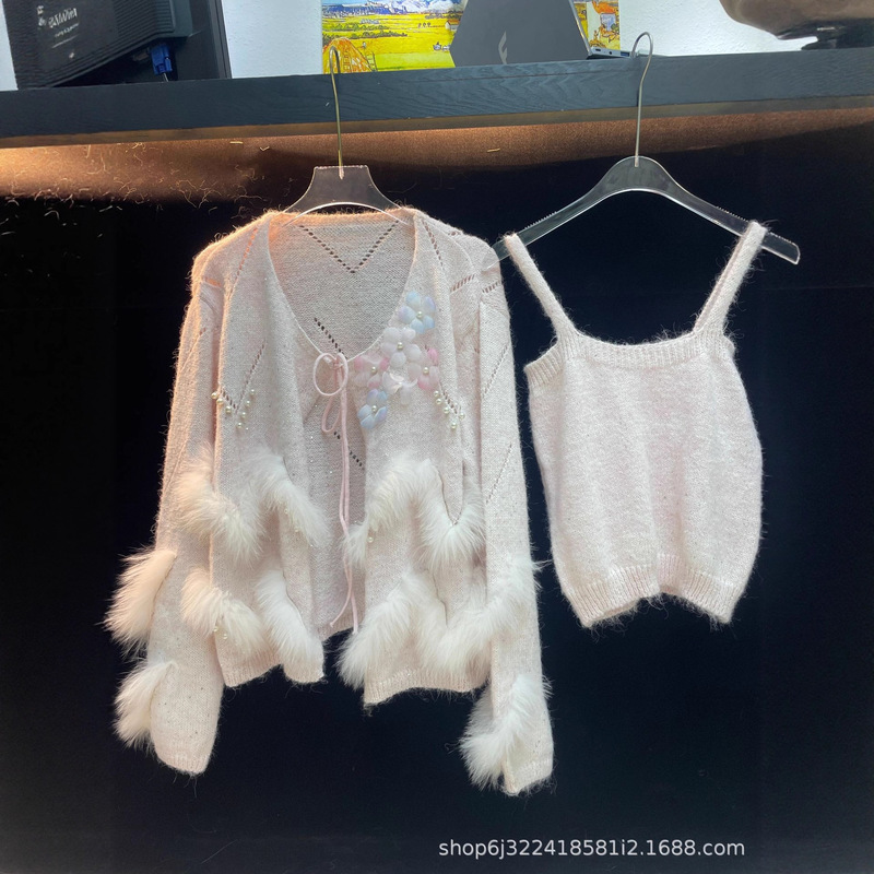 2025 New Autumn and Winter Real Fox Fur Sweater Women's Suspender Knitwear Two-Piece Floral Cardigan Top