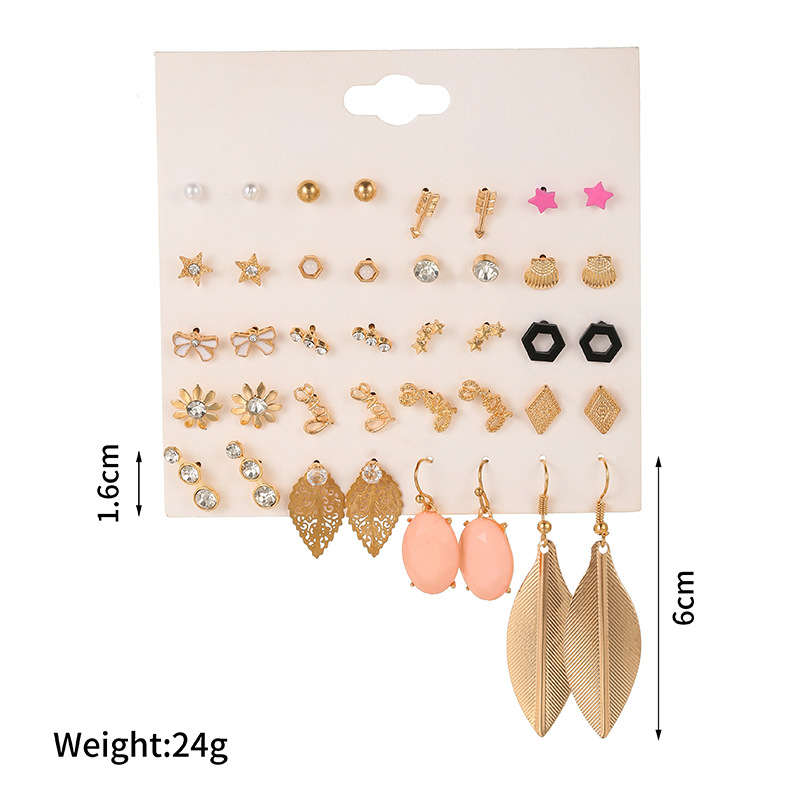 20 pairs of bow stud earrings set LOVE leaf earrings pearl rhinestone geometric earrings wholesalepicture1