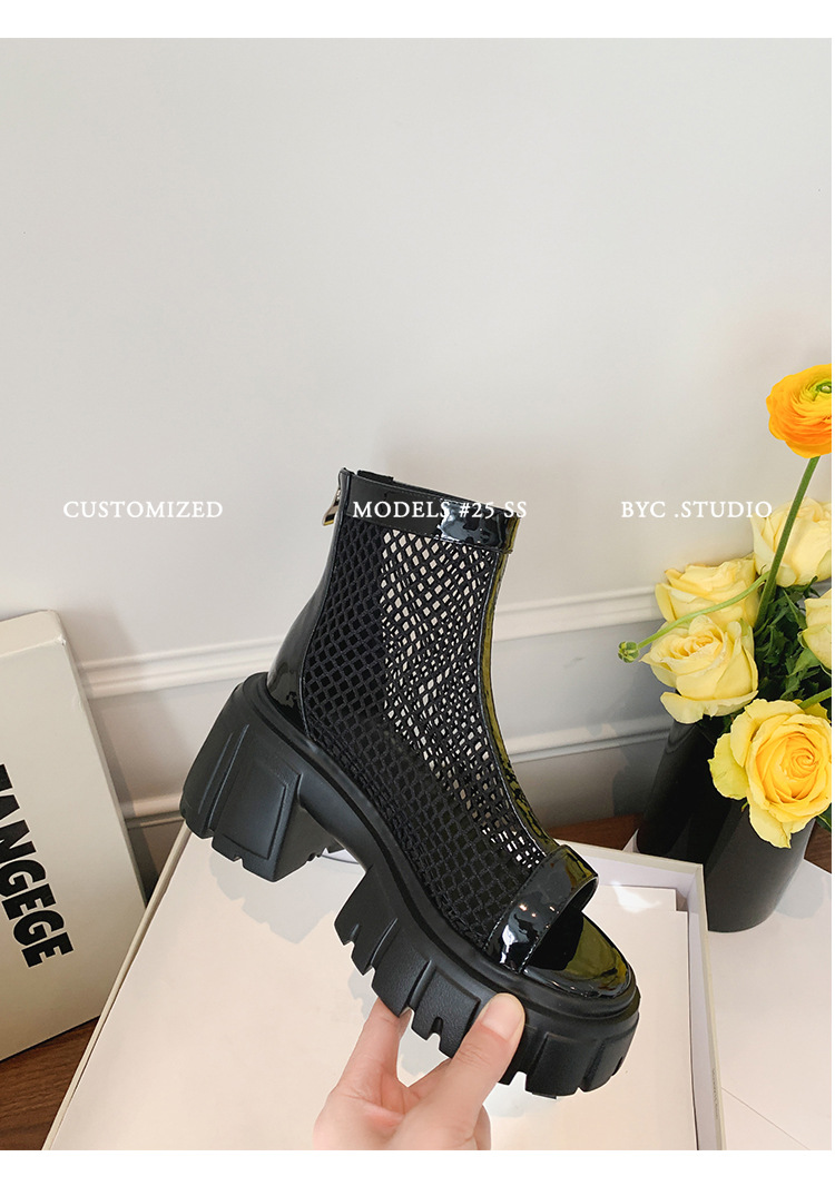 Giày sandal cao gót nữ mũi cá hở ngón, cổ cao lưới mỏng, gót vuông dày 9 cm, khóa kéo sau, đế xuồng thoáng khí — đen, trắng chi tiết 15