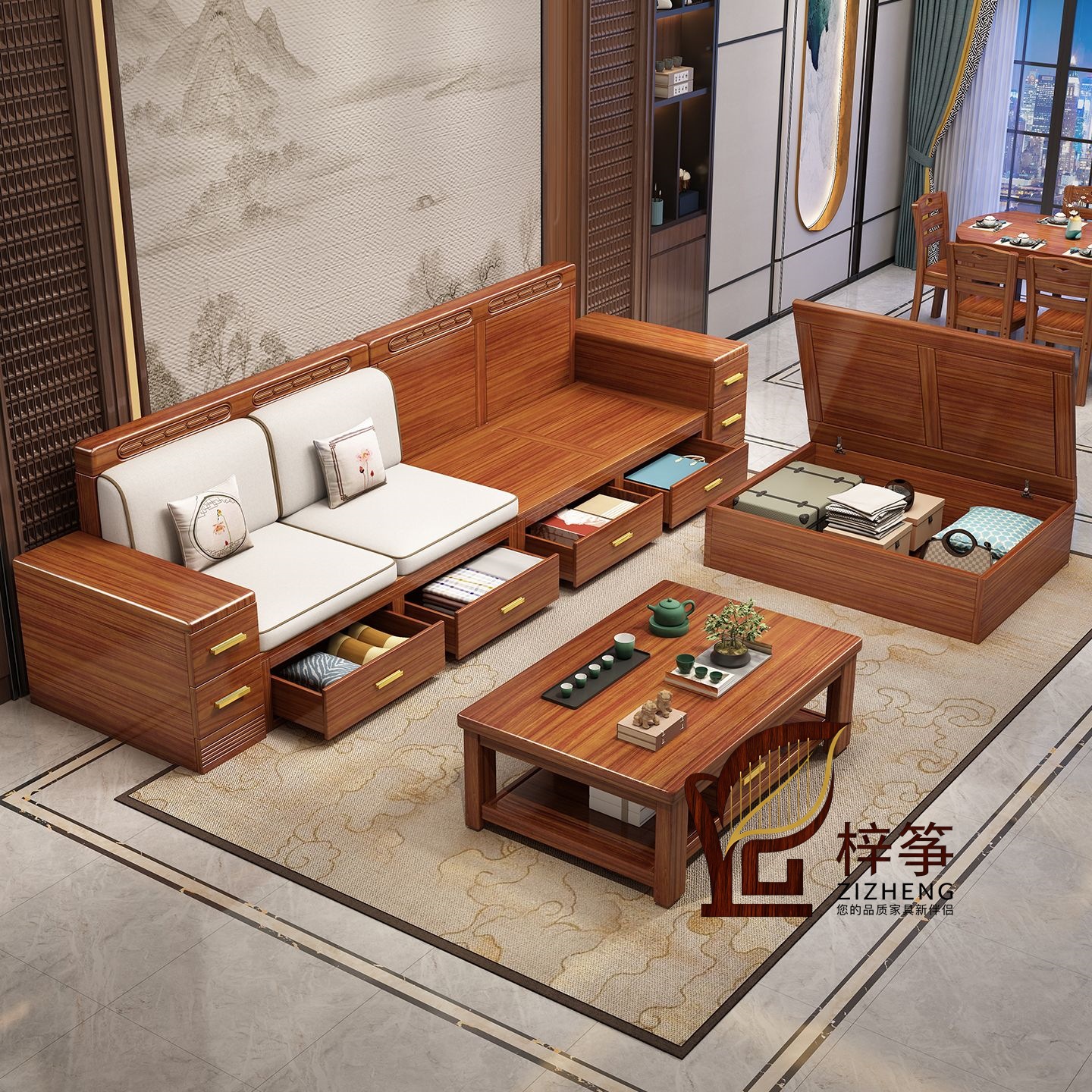 Golden Walnut Solid Wood Sofa New Chinese Style Living Room Small Apartment Multifunctional Drawer Storage Sofa
