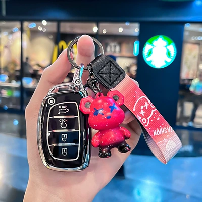 Car key bag | Korea modern car interior protective shell - modern-r-model-smart-4-button-start-single-shell-black-red-violent-bear-pendant