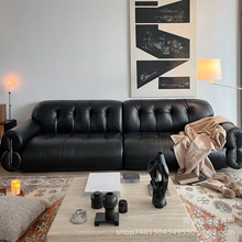 法式复古真皮沙发黑色云朵客厅家用设计师新款极简三人位直排沙发