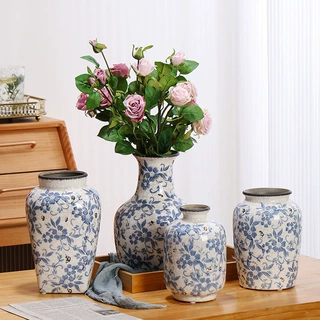 中式古典美式乡村花器青花瓷冰裂纹鲜花干花水培陶瓷高级感花瓶