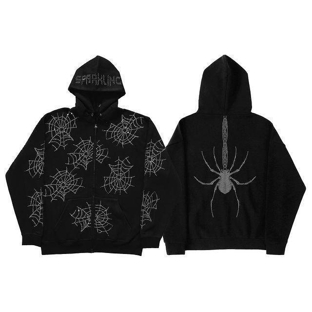 New European and American Autumn/Winter Y2K Rhinestone Print Spider Graphic Zipper Cardigan Casual Dark Style Hoodie New European and American Autumn/Winter Y2K Rhinestone Print Spider Graphic Zipper Cardigan Casual Dark Style Hoodie