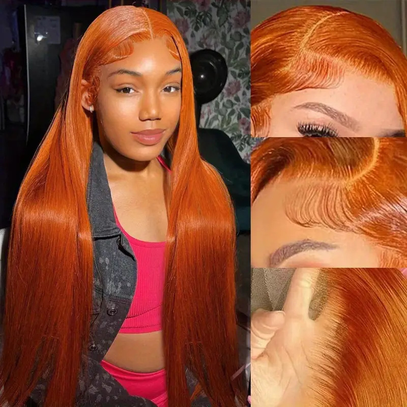 European and American Popular Lace Front Wigs, Women's Orange Long Straight Hair with Middle Parting, Fluffy and Natural-Looking, Fashionable Full Wig