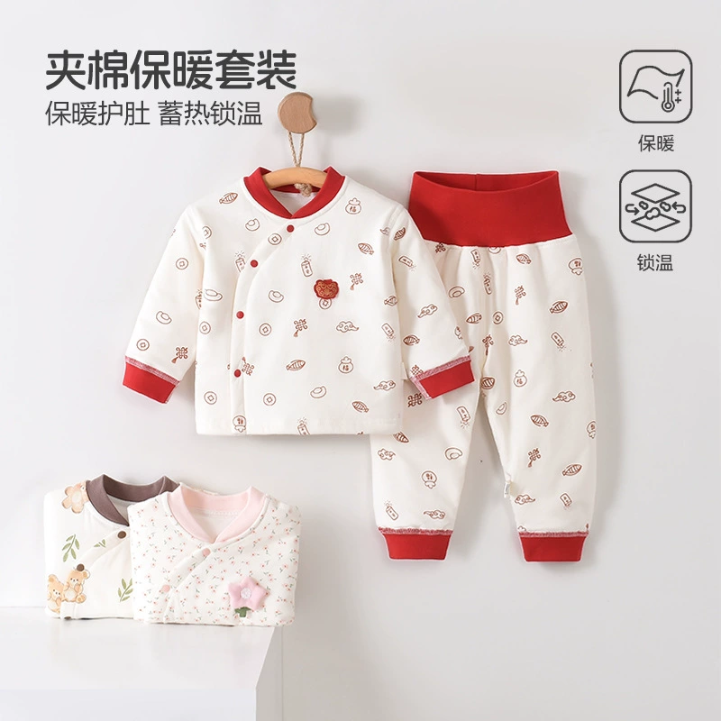 Детская термоодежда с высокой талией для защиты живота, класс А, из чистого хлопка, зимнее стеганое домашнее белье, раздельный комплект, утолщенный для тепла