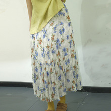 素凡卡新款夏季淑女民族风中式褶皱印花薄款中长裙宽松半身裙1825