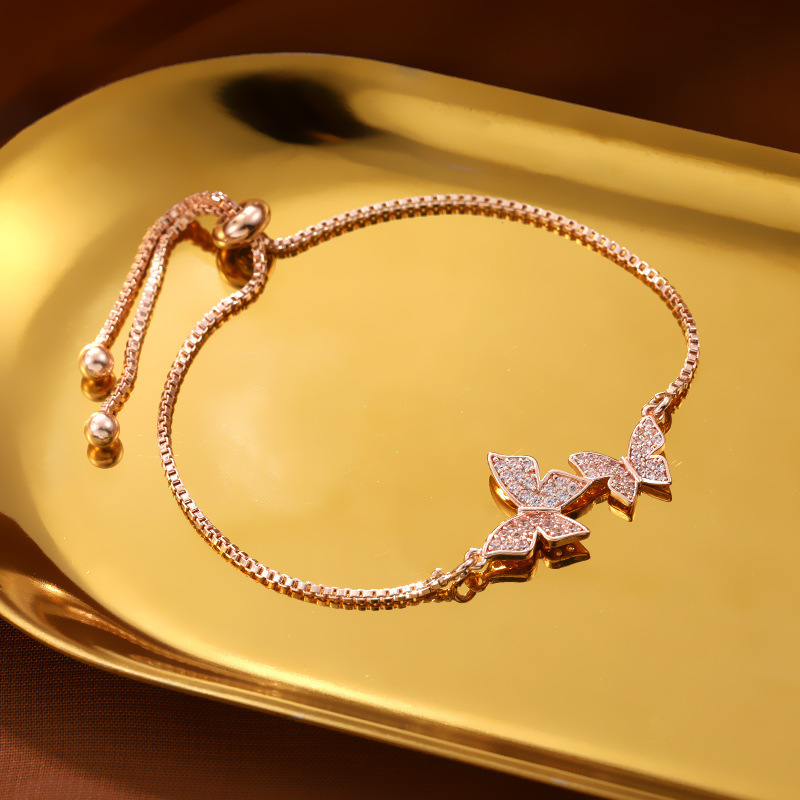 Cross-Border Butterfly Zircon Women's Bracelet Wedding Bride Bridesmaid Bracelet Adjustable Pull-Out Bracelet High-End Accessories