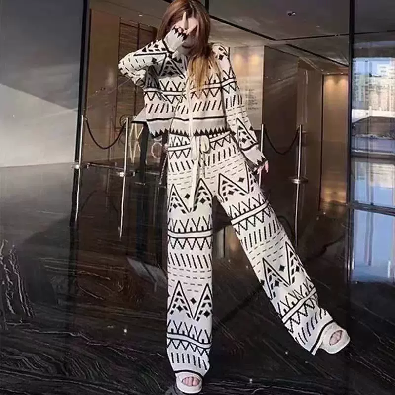 2023秋冬小香风针织休闲运动套装女时尚网红炸街显瘦阔腿裤两件套
