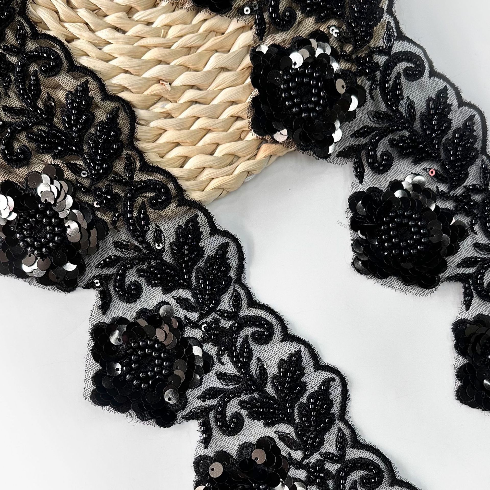 Hilo de malla negro de 10 cm de ancho, cuentas de clavos, lentejuelas, accesorios de ropa de encaje bordado, tocado cheongsam, accesorios para el cabello, accesorios para el cabello image 2