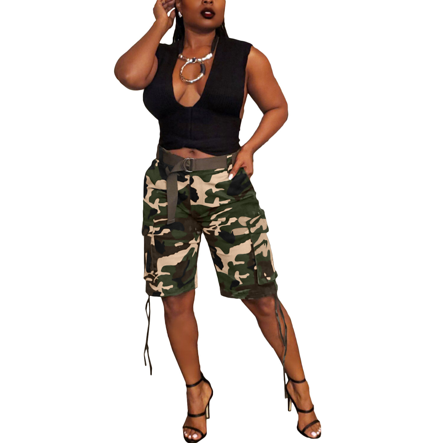 Women's Clothing Camouflage Overalls Spring Summer Fashion Drawstring Multi Pocket Design_ecoleips.com