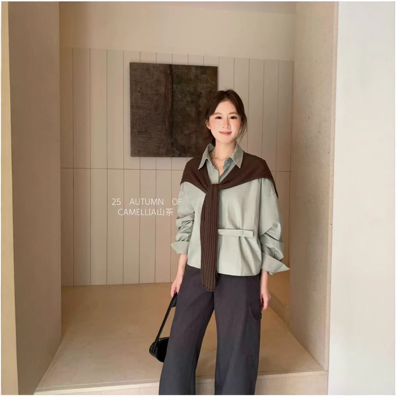 秋上新 韩系百搭短款宽松显瘦衬衫(配披巾) 2025秋季女装新款8100|undefined