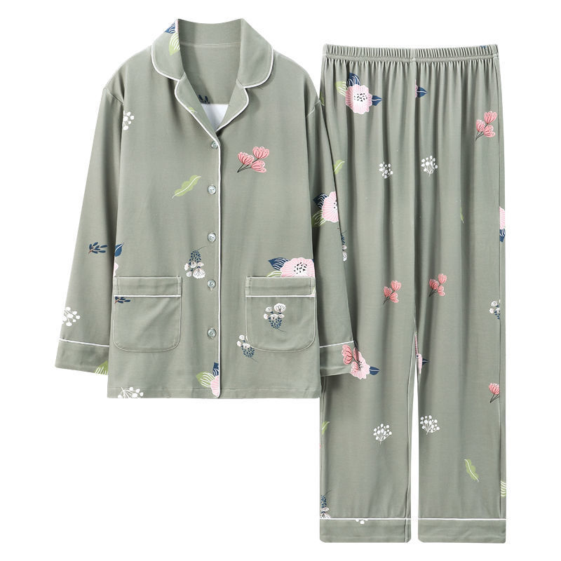 Pijamas de algodón puro primavera y otoño de las mujeres de manga larga más el tamaño cardigan traje de las madres de mediana edad y ancianos ropa de casa al aire libre