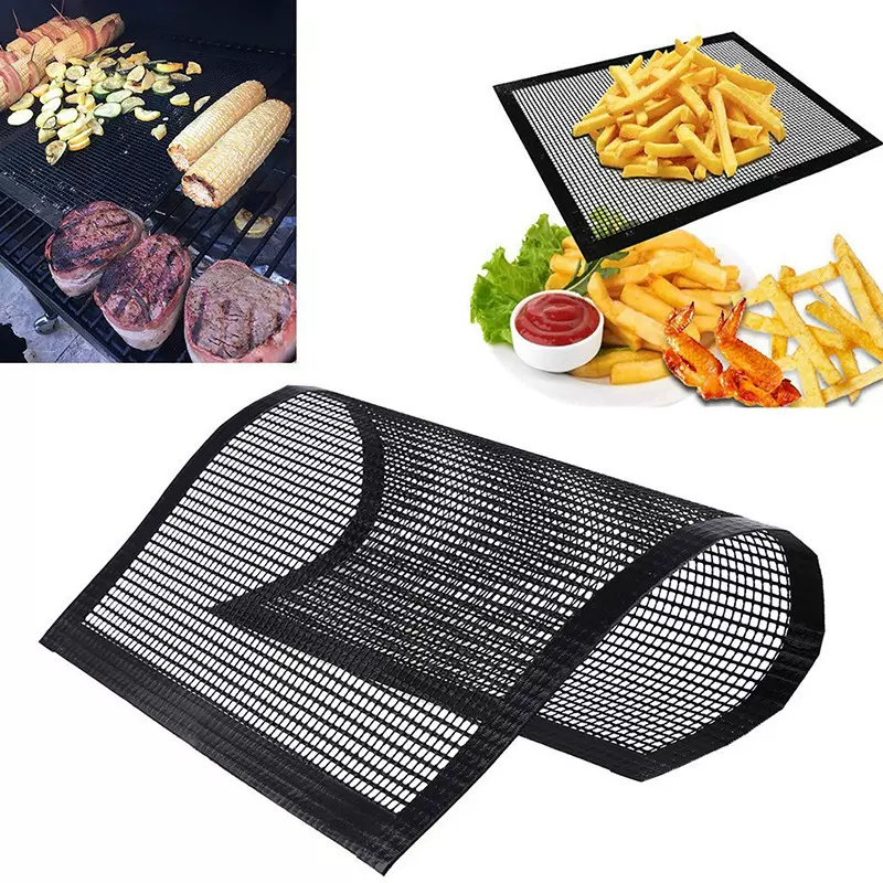 特氟龙PTFE烧烤网格垫黑色耐高温网格专用不粘户外BBQ垫洞洞款