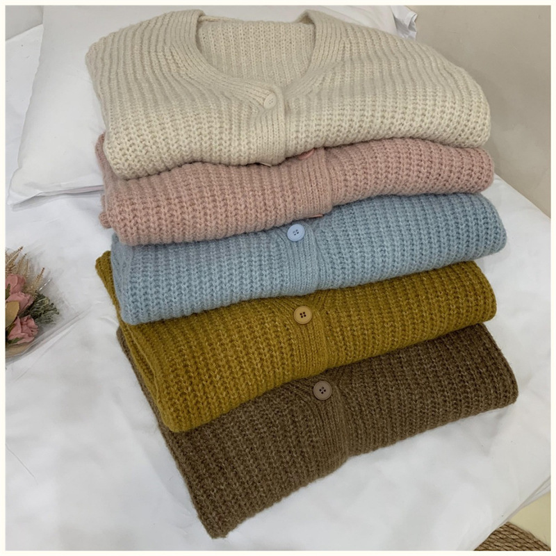 (2개) 부드러운 우유 파란색 두꺼운 중간 길이 니트 가디건 여성 신작 가을, 겨울 느슨한 게으른 V 넥 두꺼운 니트 스웨터 재킷