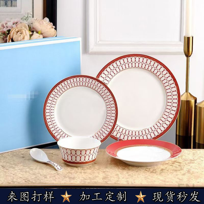 British gold powder annual bowl suit five-piece tableware bone china household bowl dinner plate spoon suit gift wholesale