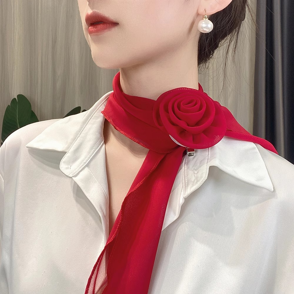Elegant Solid Colour Rose Flower Silk Scarf For Women Versatile_voghion.com