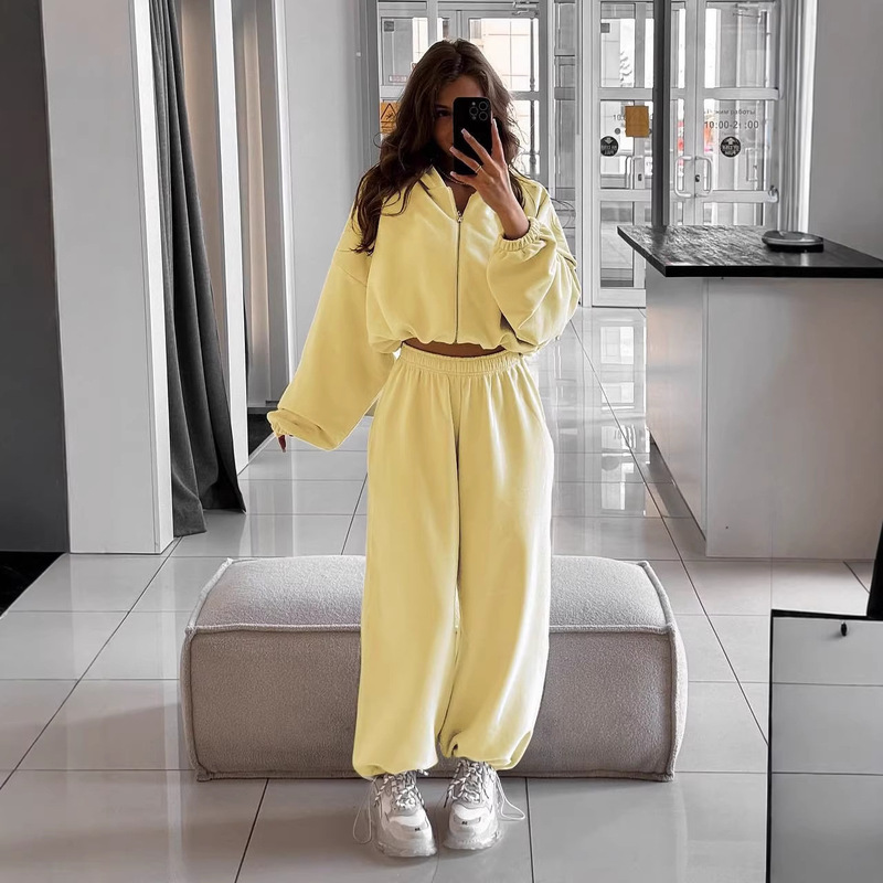 Cross-Border Casual European and American Women's Suit Solid Color Long-Sleeved Zipper Hooded Cardigan Elastic Wide-Leg Pants Two-Piece Set