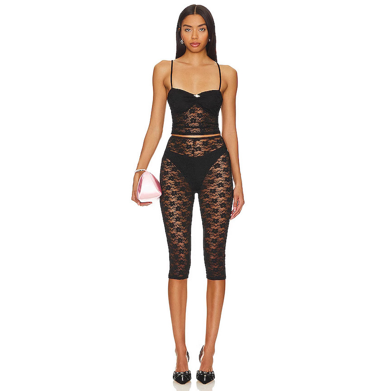 New Cross-Border Sweet Girl Fully Transparent Lace Camisole Women's Summer Lace Three-Quarter Shorts Two Pieces