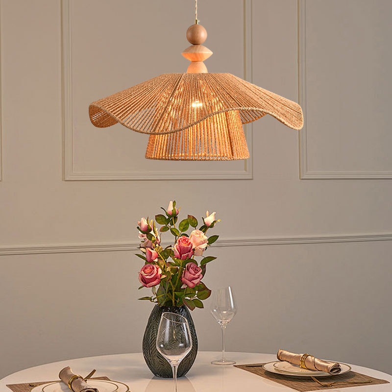 Lámpara del restaurante japonés, viento tranquilo retro dormitorio, lámpara de sombrero de paja, lámpara de cuerda de lino de papel tejida a mano simple