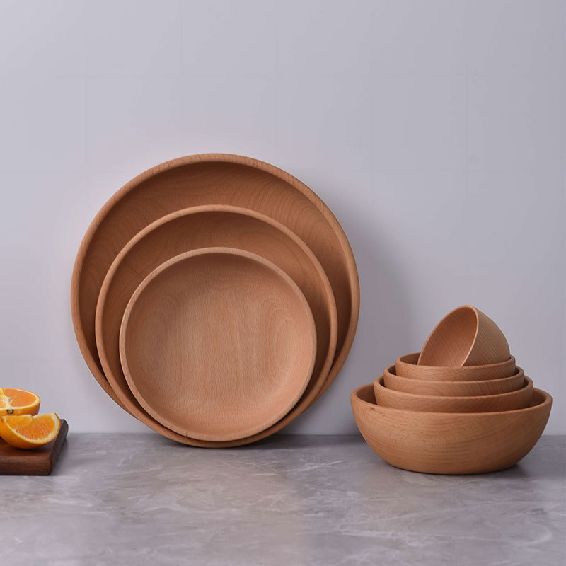 Fuente de la fábrica de madera maciza ensaladera color sólido redondo tazón de madera creativo Beech Bowl placa estilo japonés gran cantidad descuento