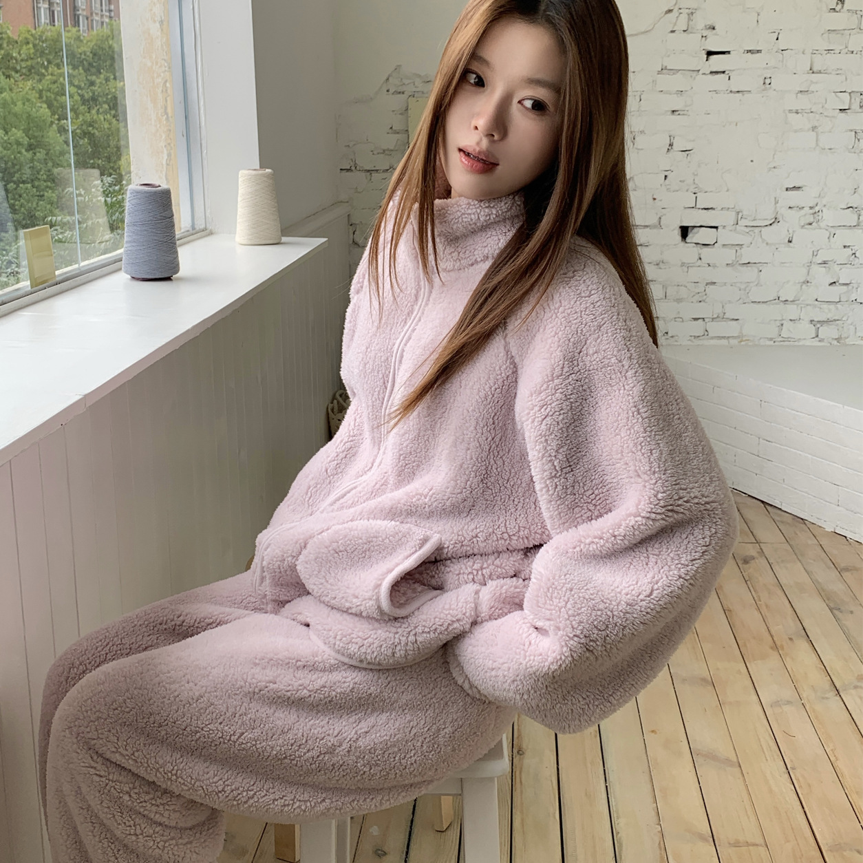 26新品秋冬加厚毛绒睡衣女立领拉链开衫宽松慵懒风保暖家居服两件