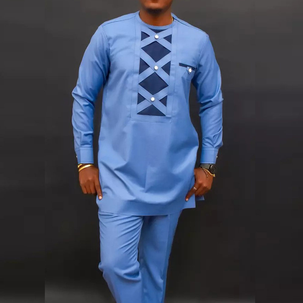 Traje de boda tradicional africano para hombre, conjunto de 2 piezas, cuello redondo, manga larga, top y pantalones, comercio exterior