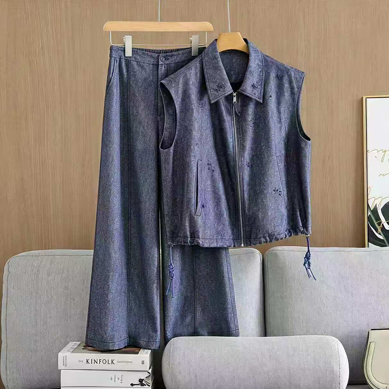 Women's Silk Suit, Fashionable Casual Lapel Zipper Sleeveless Jacket Vest + Denim Straight-Leg Pants
