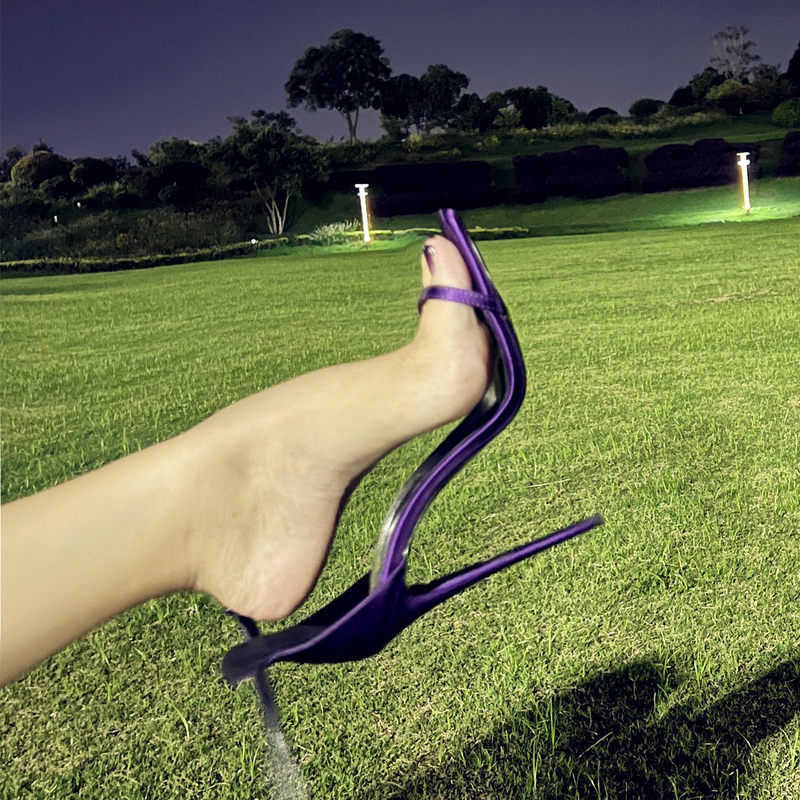 Wine-Colored Open-Toe Stiletto High-Heeled Sandals with Thin Straps, Summer Sexy Deep Purple Satin High Heels with Rhinestones