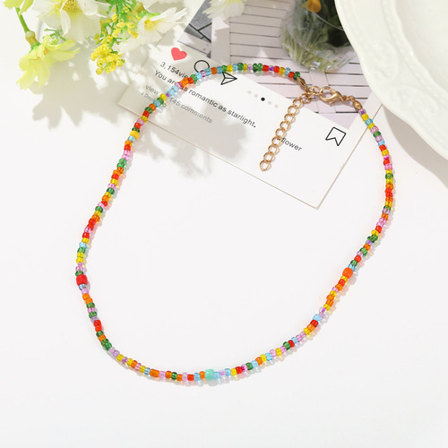 New European and American trendy choke-style fashion bohemian short necklaces—handmade beaded colorful rice-bead necklaces