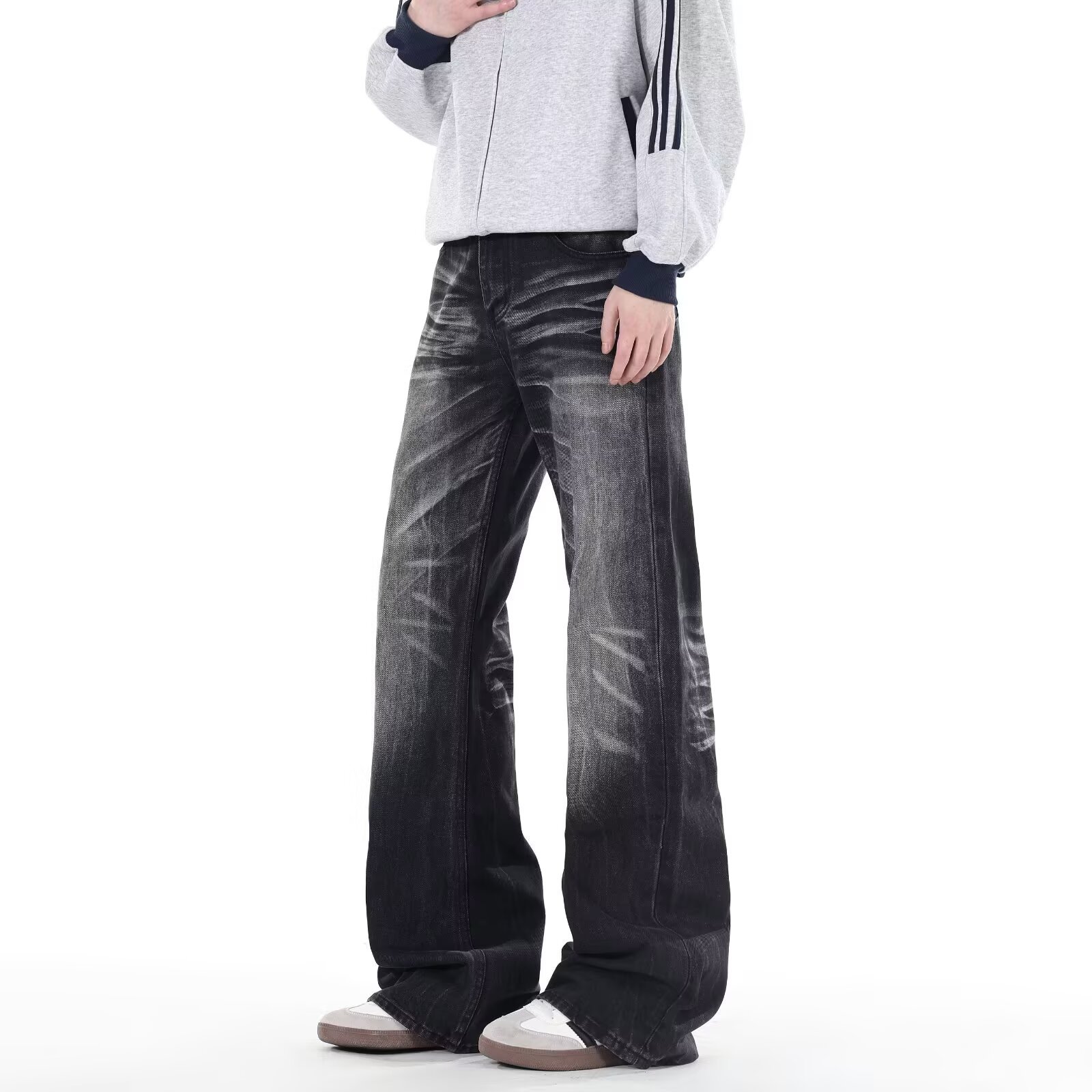 Men's Washed Black Bootcut Jeans Vintage Distressed Denim Pants_voghion.com