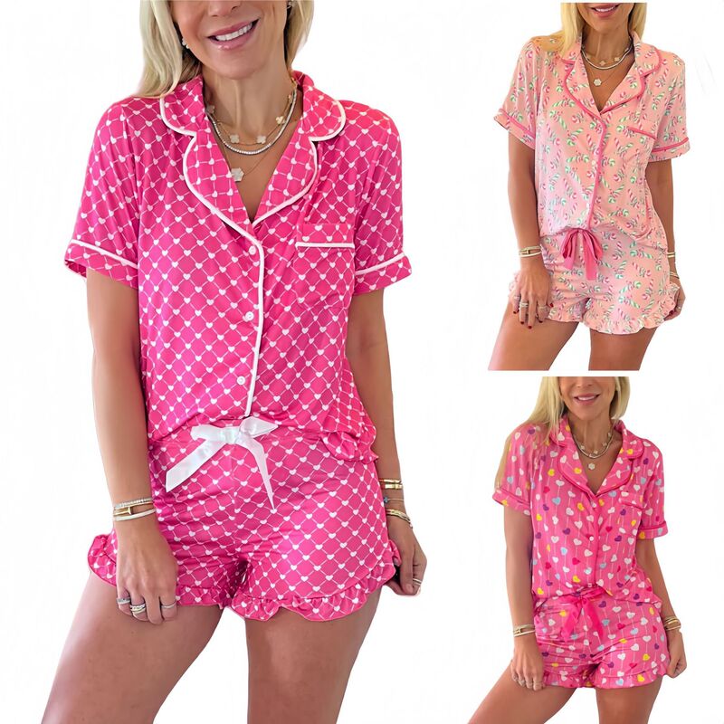 Independent Station European and American Clothing 2025 Spring and Summer Valentine's Day Heart Short-Sleeved Shorts Pajamas Set Home Girly Style