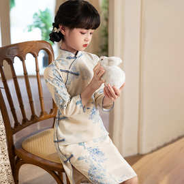 严选女童旗袍秋款儿童古风汉服2025新款中式唐装民国风中秋连衣裙