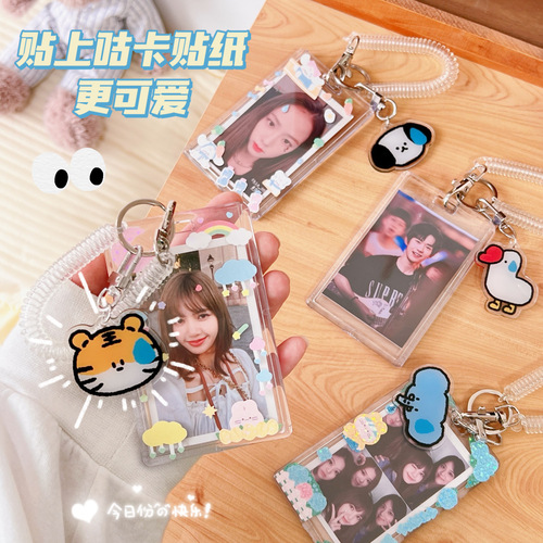 Bus card holder for girls, student card case with strap, adjustable, campus, office, transparent accessories, cartoon keychain, trendy