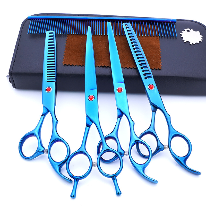Fabricante de juegos de tijeras para mascotas, tijeras de peluquería canina al por mayor de 7 pulgadas, suministros morados para perros.