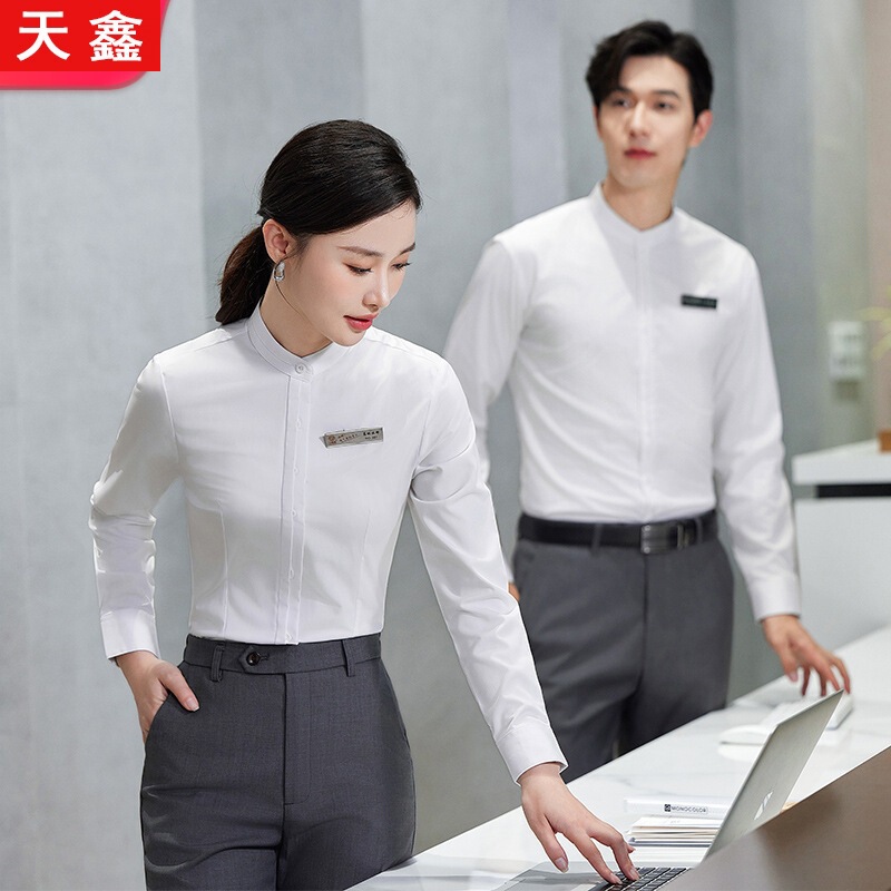 Chinese stand collar elastic bamboo fiber shirt for men and women office civil servants hotel work clothes embroidered LOGO Chinese stand collar elastic bamboo fiber shirt for men and women office civil servants hotel work clothes embroidered LOGO