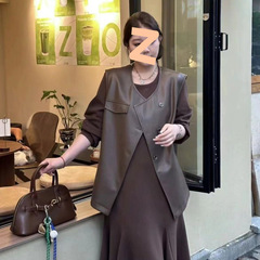 大码胖mm气质盐系轻熟长袖连衣裙女春秋季显瘦裙子马甲两件套