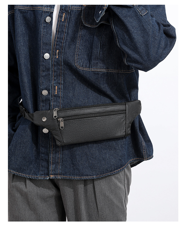 94g Weight Polyester Lining Material Sewing Thread Fashion Element Zipper Closure Type Sling Strap Strap Type Fanny Pack Bags Type Casual Occasion Genuine leather Material Solid Color Pattern All Seasons Season Men's Gender Streetwear Style Square Shape Men's Streetwear Solid Color Genuine Leather Men's Waist Bags 16