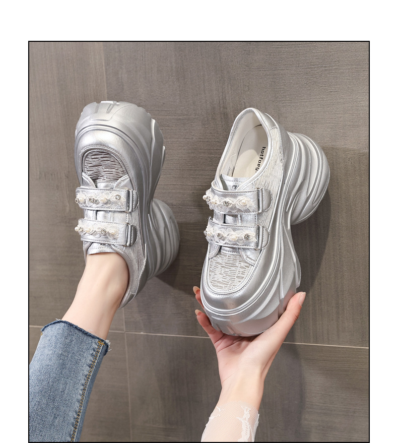 Giày sneaker nữ đế dày chunky, mặt lưới thoáng khí, gắn đá, dán Velcro — Màu trắng chi tiết 17