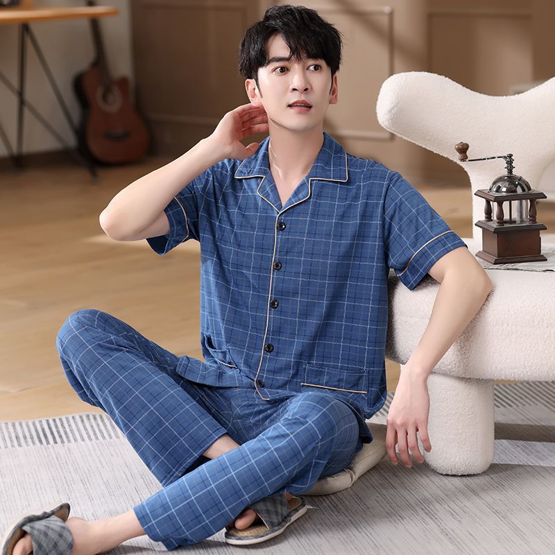 Pijamas de verano de algodón, pantalones largos de manga corta delgados y sueltos más grandes para padres de mediana edad, set de ropa de casa