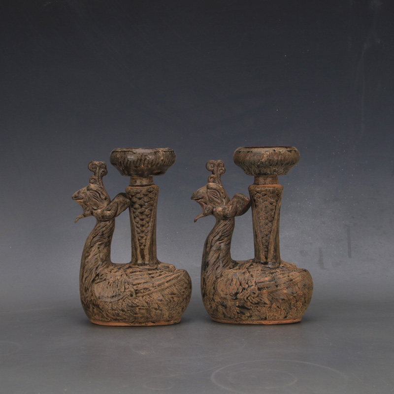 A Pair of Northern and Southern Dynasties Yue Kiln Oil Lamp Candlesticks with Mandarin Duck Pattern, Antique Ornaments, Imitation Unearthed Porcelain, Old Object Collection