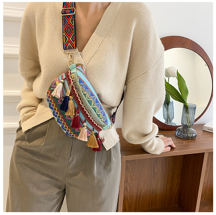 Venda quente pequeno peito perfumado tecido estilo étnico cor contrastante borla nova fita cintura bolsa crossbody tendência_voghion.com
